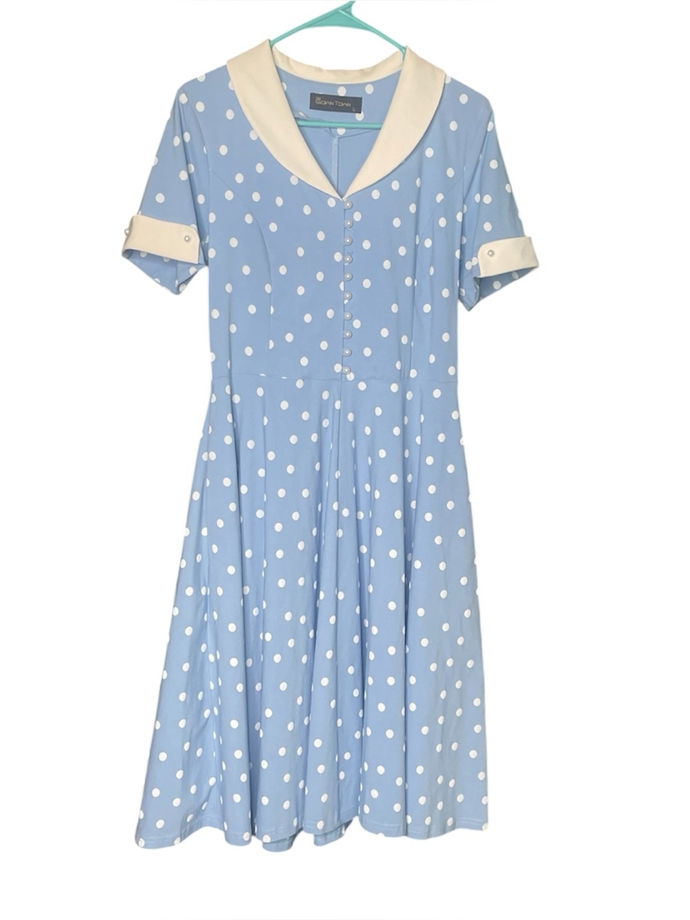 Gown Town Blue Polka Dot Short Sleeve Fit Flare Dress Rockabilly 50s Pinup L